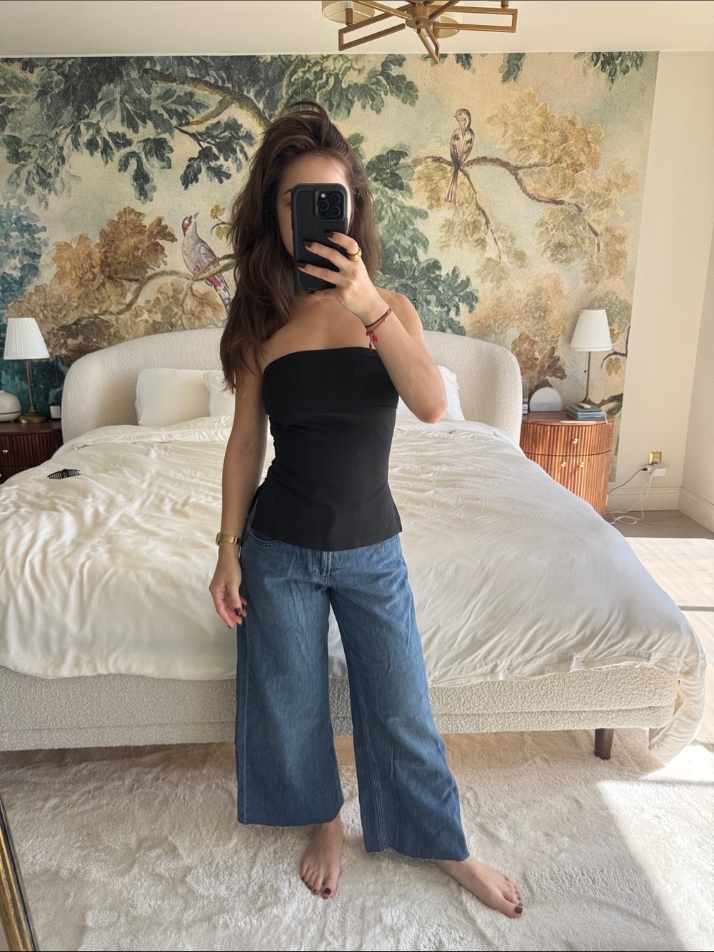 Uniqlo Black Tube Top with Blue Wide-Leg Jeans